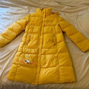 Peanut Snoopy Yellow Kids Long Puffer Jacket “ love makes you do strange things”